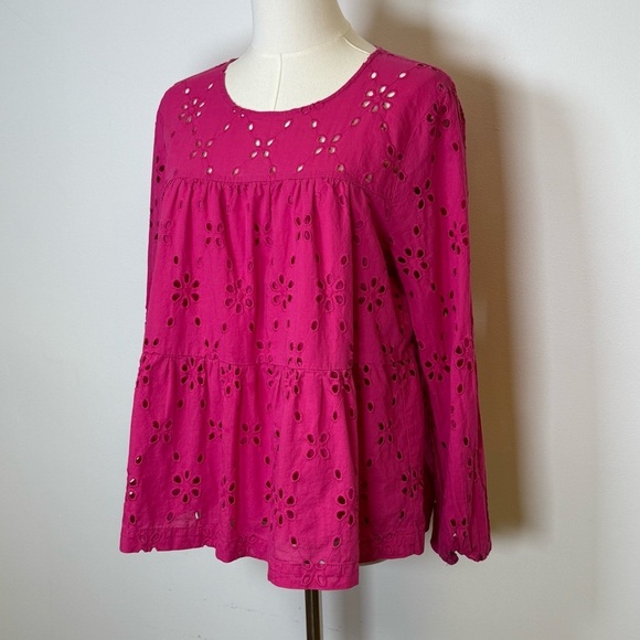 J. Crew 100% Cotton Fuchsia Eyelet Tiered Boho Blouse Women’s Size Small - Picture 2 of 7